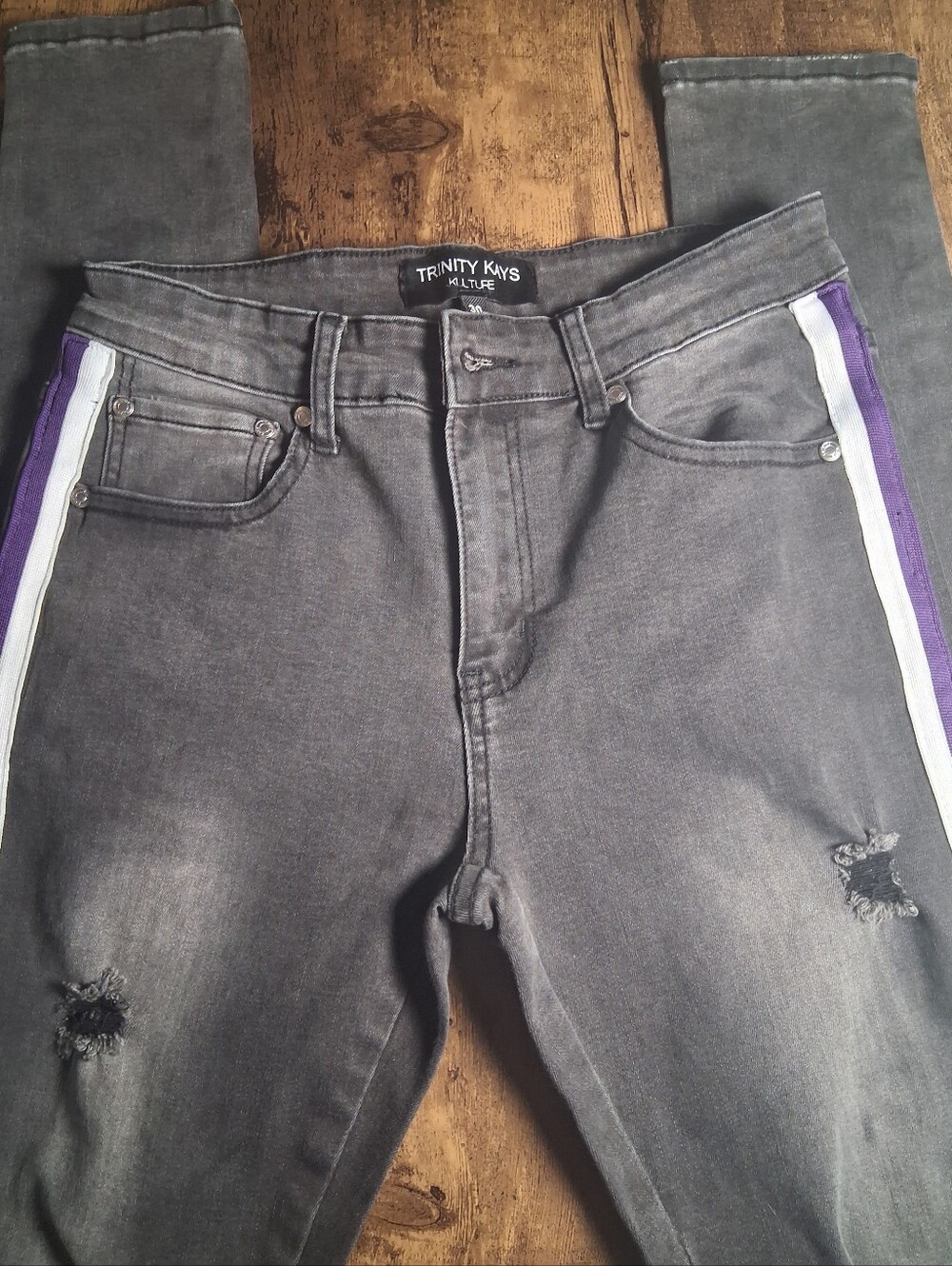 Trinity Kays Kulture Gray Slim Jeans with Purple & White Side Stripes